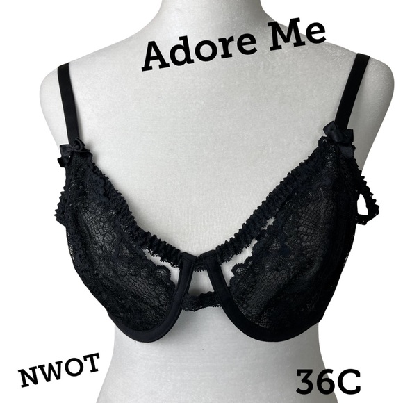NWOT Adore Me Black Lace Cut Out Underwire Bra Bondage style 36C - Picture 1 of 10